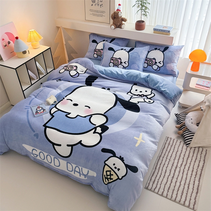 91家纺网 家纺一手货源 找家纺 慕晨 2025新款卡通可爱大版印花牛奶绒加厚保暖小清新四件套直播 机灵狗狗