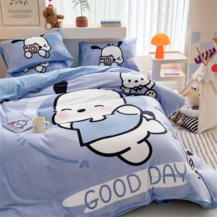 91家纺网 家纺一手货源 找家纺 慕晨 2025新款卡通可爱大版印花牛奶绒加厚保暖小清新四件套直播 机灵狗狗