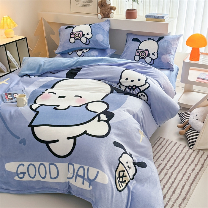 91家纺网 家纺一手货源 找家纺 慕晨 2025新款卡通可爱大版印花牛奶绒加厚保暖小清新四件套直播 机灵狗狗