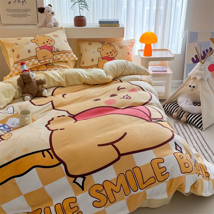 91家纺网 家纺一手货源 找家纺 慕晨 2025新款卡通可爱大版印花牛奶绒加厚保暖小清新四件套直播 搞怪小熊