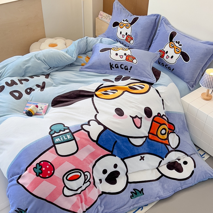 91家纺网 家纺一手货源 找家纺 慕晨 2025新款卡通可爱大版印花牛奶绒加厚保暖小清新四件套直播 嘟嘟狗