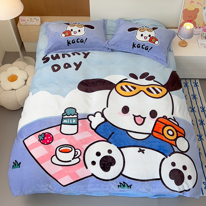 91家纺网 家纺一手货源 找家纺 慕晨 2025新款卡通可爱大版印花牛奶绒加厚保暖小清新四件套直播 嘟嘟狗