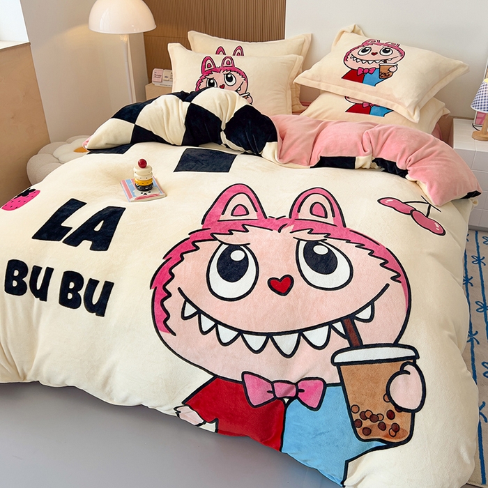 91家纺网 家纺一手货源 找家纺 慕晨 2025新款卡通可爱大版印花牛奶绒加厚保暖小清新四件套直播 奶茶小可