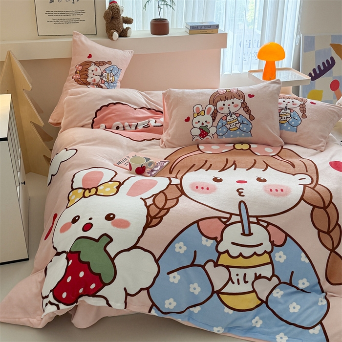 91家纺网 家纺一手货源 找家纺 慕晨 2025新款卡通可爱大版印花牛奶绒加厚保暖小清新四件套直播 女孩与兔