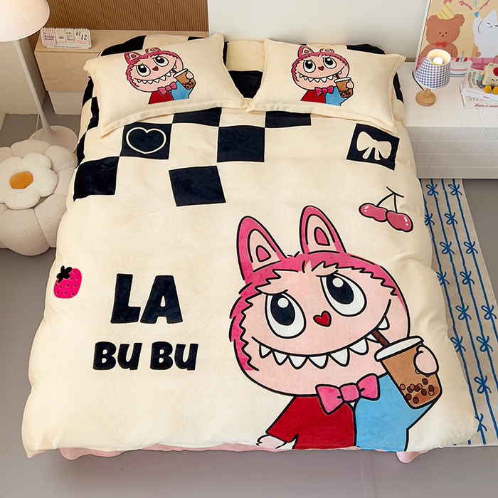 91家纺网 家纺一手货源 找家纺 慕晨 2025新款卡通可爱大版印花牛奶绒加厚保暖小清新四件套直播 奶茶小可