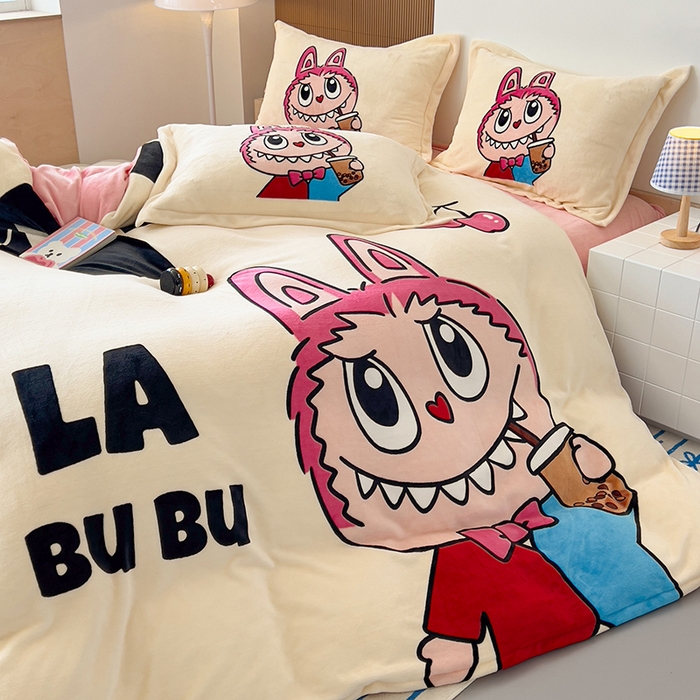 91家纺网 家纺一手货源 找家纺 慕晨 2025新款卡通可爱大版印花牛奶绒加厚保暖小清新四件套直播 奶茶小可