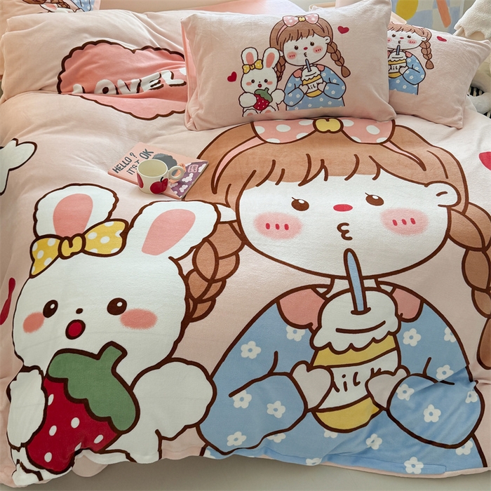 91家纺网 家纺一手货源 找家纺 慕晨 2025新款卡通可爱大版印花牛奶绒加厚保暖小清新四件套直播 女孩与兔