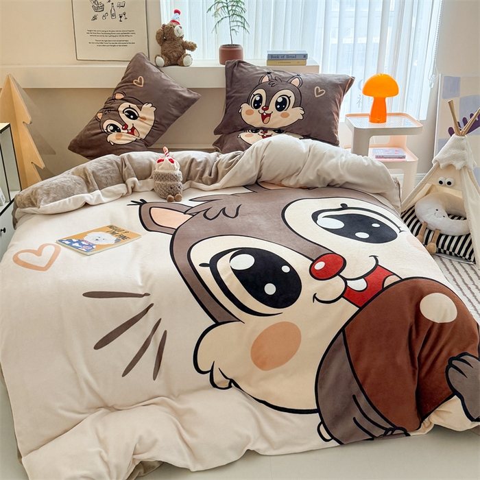 91家纺网 家纺一手货源 找家纺 慕晨 2025新款卡通可爱大版印花牛奶绒加厚保暖小清新四件套直播 可爱松鼠