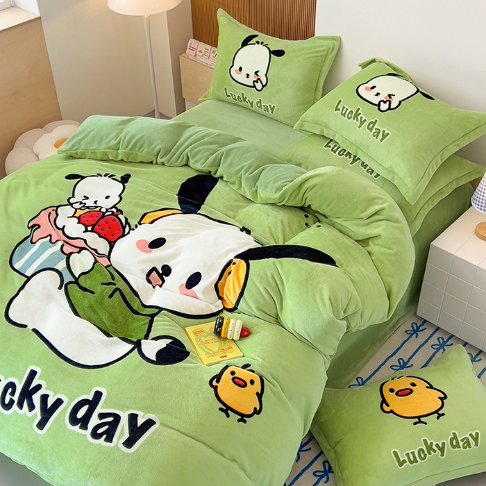 91家纺网 家纺一手货源 找家纺 慕晨 2025新款卡通可爱大版印花牛奶绒加厚保暖小清新四件套直播 奶狗pipi