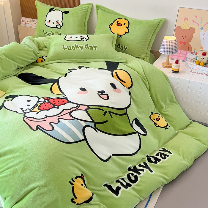 91家纺网 家纺一手货源 找家纺 慕晨 2025新款卡通可爱大版印花牛奶绒加厚保暖小清新四件套直播 奶狗pipi