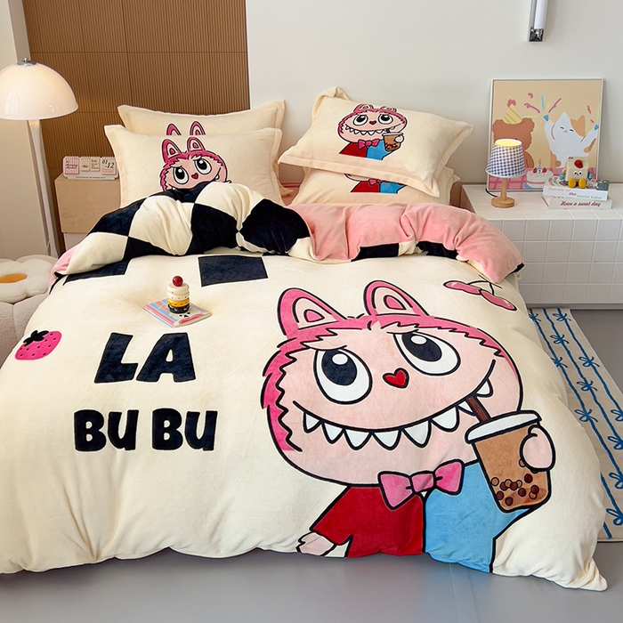 91家纺网 家纺一手货源 找家纺 慕晨 2025新款卡通可爱大版印花牛奶绒加厚保暖小清新四件套直播 奶茶小可