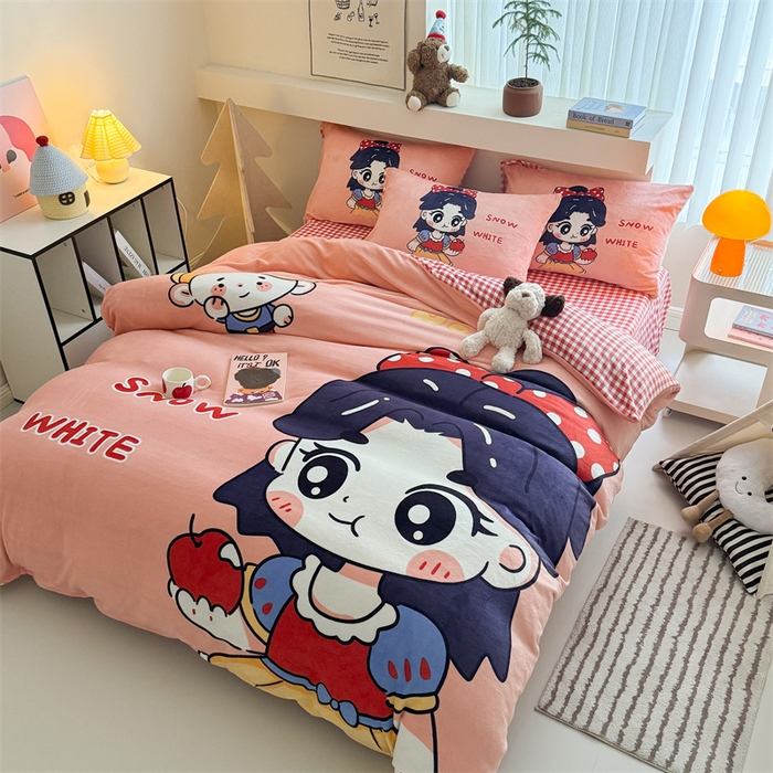 91家纺网 家纺一手货源 找家纺 慕晨 2025新款卡通可爱大版印花牛奶绒加厚保暖小清新四件套直播 卡通公主