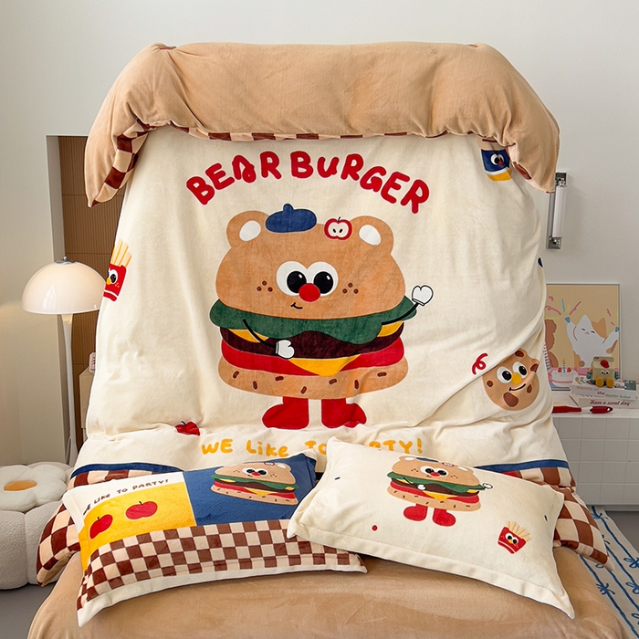 91家纺网 家纺一手货源 找家纺 慕晨 2025新款卡通可爱大版印花牛奶绒加厚保暖小清新四件套直播 玩趣汉堡