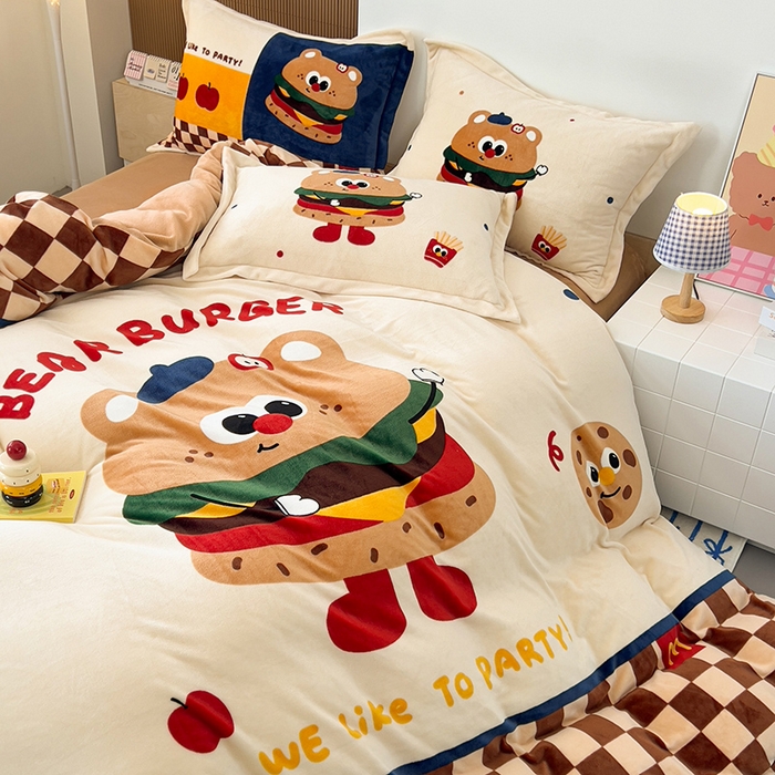 91家纺网 家纺一手货源 找家纺 慕晨 2025新款卡通可爱大版印花牛奶绒加厚保暖小清新四件套直播 玩趣汉堡