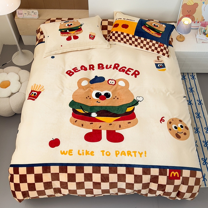 91家纺网 家纺一手货源 找家纺 慕晨 2025新款卡通可爱大版印花牛奶绒加厚保暖小清新四件套直播 玩趣汉堡