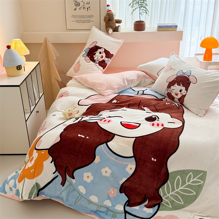 91家纺网 家纺一手货源 找家纺 慕晨 2025新款卡通可爱大版印花牛奶绒加厚保暖小清新四件套直播 可爱女孩