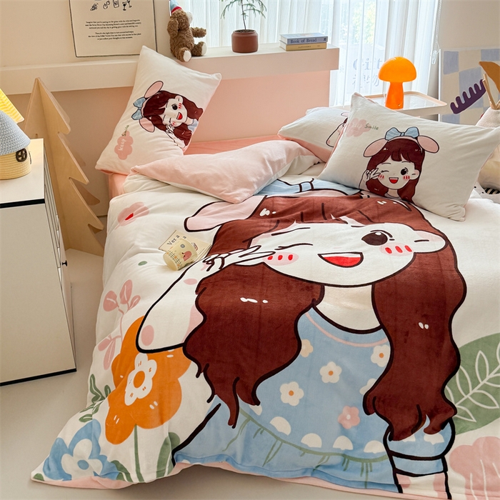 91家纺网 家纺一手货源 找家纺 慕晨 2025新款卡通可爱大版印花牛奶绒加厚保暖小清新四件套直播 可爱女孩