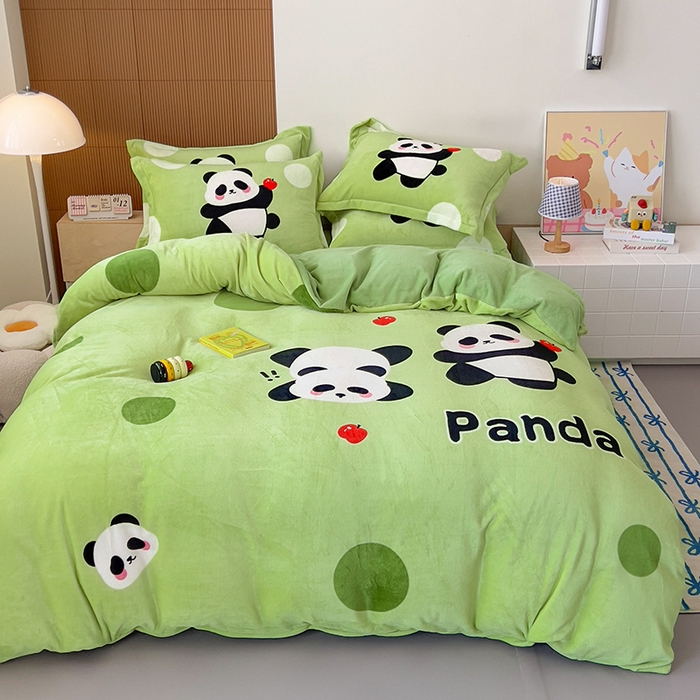 91家纺网 家纺一手货源 找家纺 慕晨 2025新款卡通可爱大版印花牛奶绒加厚保暖小清新四件套直播 熊猫乐园