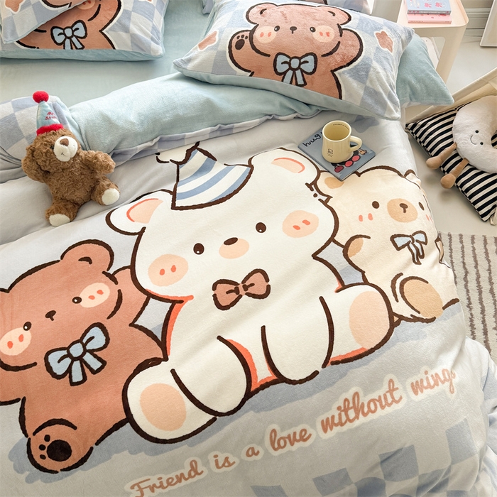 91家纺网 家纺一手货源 找家纺 慕晨 2025新款卡通可爱大版印花牛奶绒加厚保暖小清新四件套直播 熊熊party