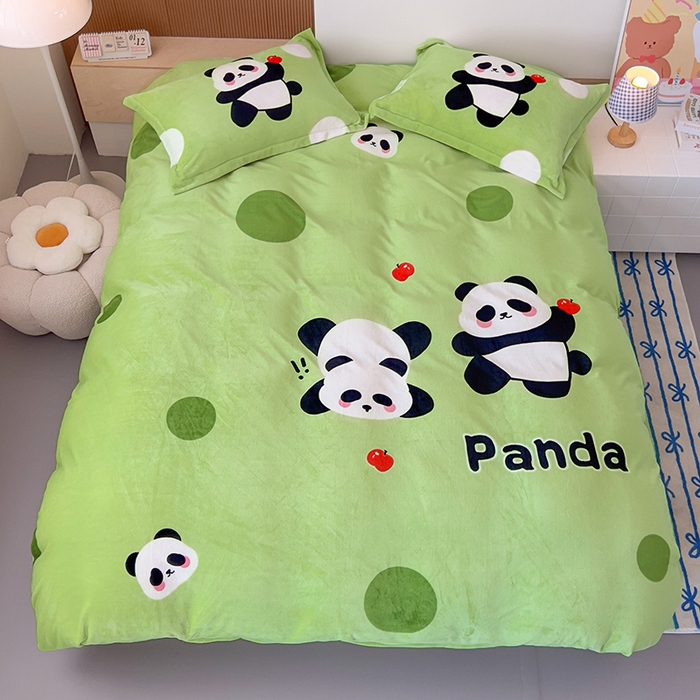 91家纺网 家纺一手货源 找家纺 慕晨 2025新款卡通可爱大版印花牛奶绒加厚保暖小清新四件套直播 熊猫乐园