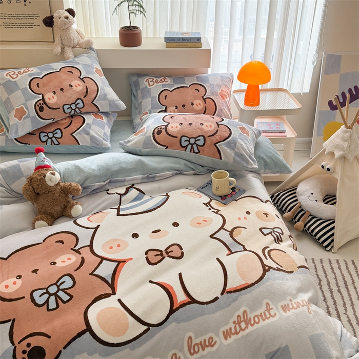 91家纺网 家纺一手货源 找家纺 慕晨 2025新款卡通可爱大版印花牛奶绒加厚保暖小清新四件套直播 熊熊party