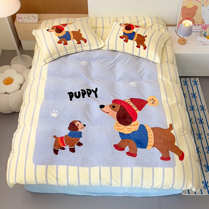 91家纺网 家纺一手货源 找家纺 慕晨 2025新款卡通可爱大版印花牛奶绒加厚保暖小清新四件套直播 汪可爱