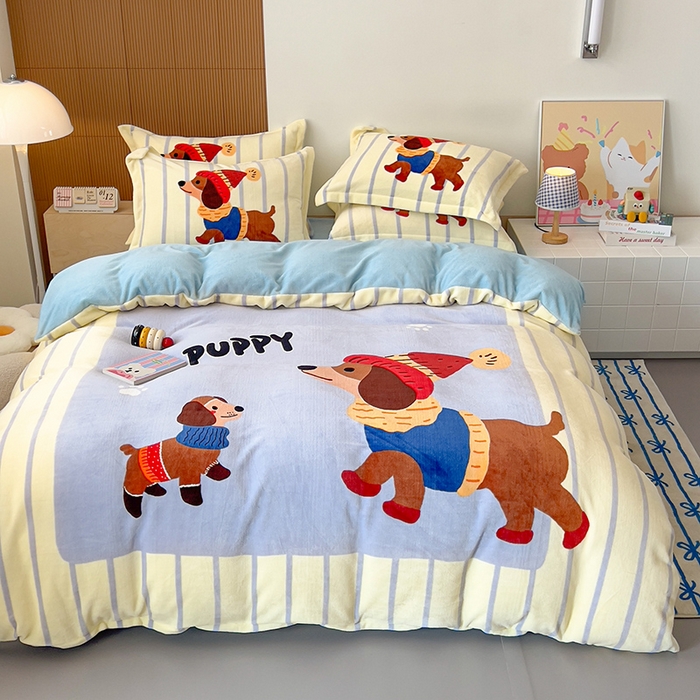 91家纺网 家纺一手货源 找家纺 慕晨 2025新款卡通可爱大版印花牛奶绒加厚保暖小清新四件套直播 汪可爱