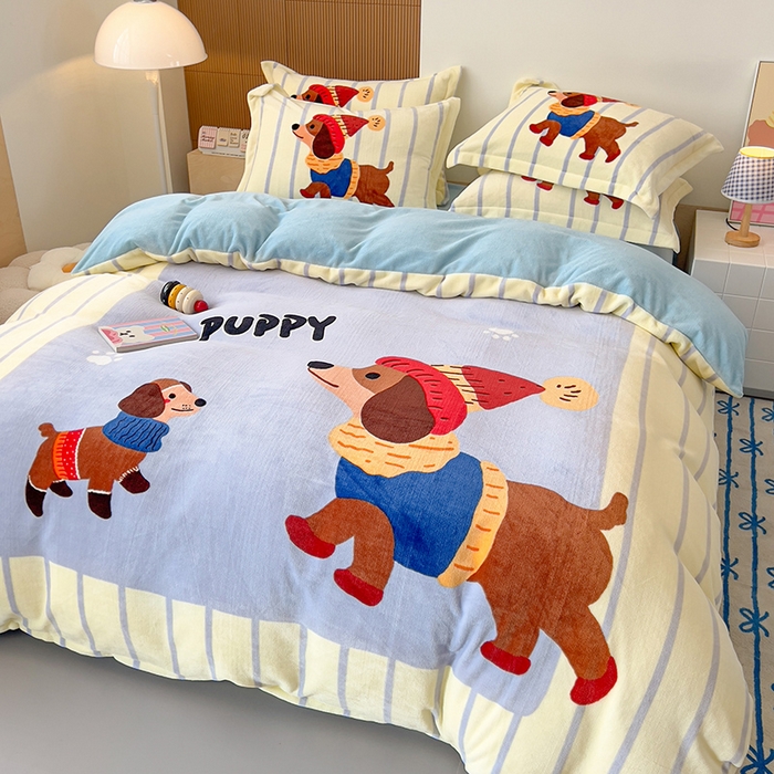 91家纺网 家纺一手货源 找家纺 慕晨 2025新款卡通可爱大版印花牛奶绒加厚保暖小清新四件套直播 汪可爱