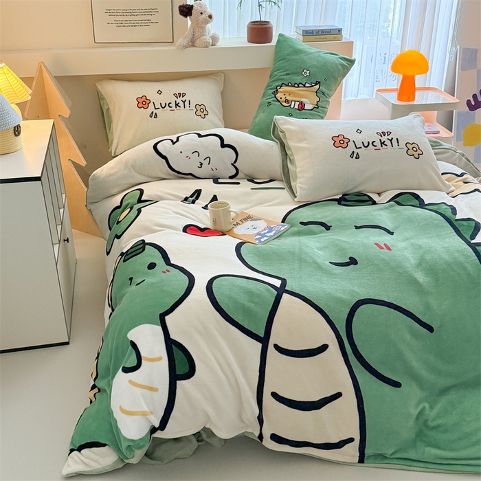 91家纺网 家纺一手货源 找家纺 慕晨 2025新款卡通可爱大版印花牛奶绒加厚保暖小清新四件套直播 友爱龙龙