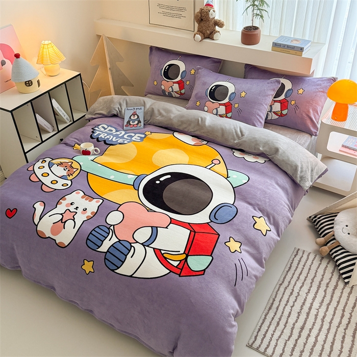 91家纺网 家纺一手货源 找家纺 慕晨 2025新款卡通可爱大版印花牛奶绒加厚保暖小清新四件套直播 温馨太空