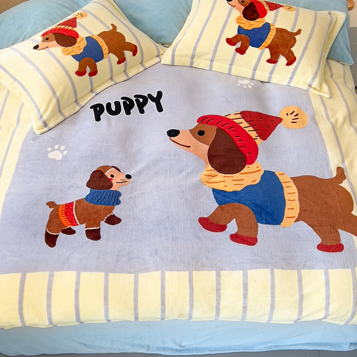 91家纺网 家纺一手货源 找家纺 慕晨 2025新款卡通可爱大版印花牛奶绒加厚保暖小清新四件套直播 汪可爱