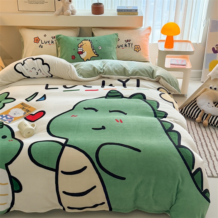 91家纺网 家纺一手货源 找家纺 慕晨 2025新款卡通可爱大版印花牛奶绒加厚保暖小清新四件套直播 友爱龙龙