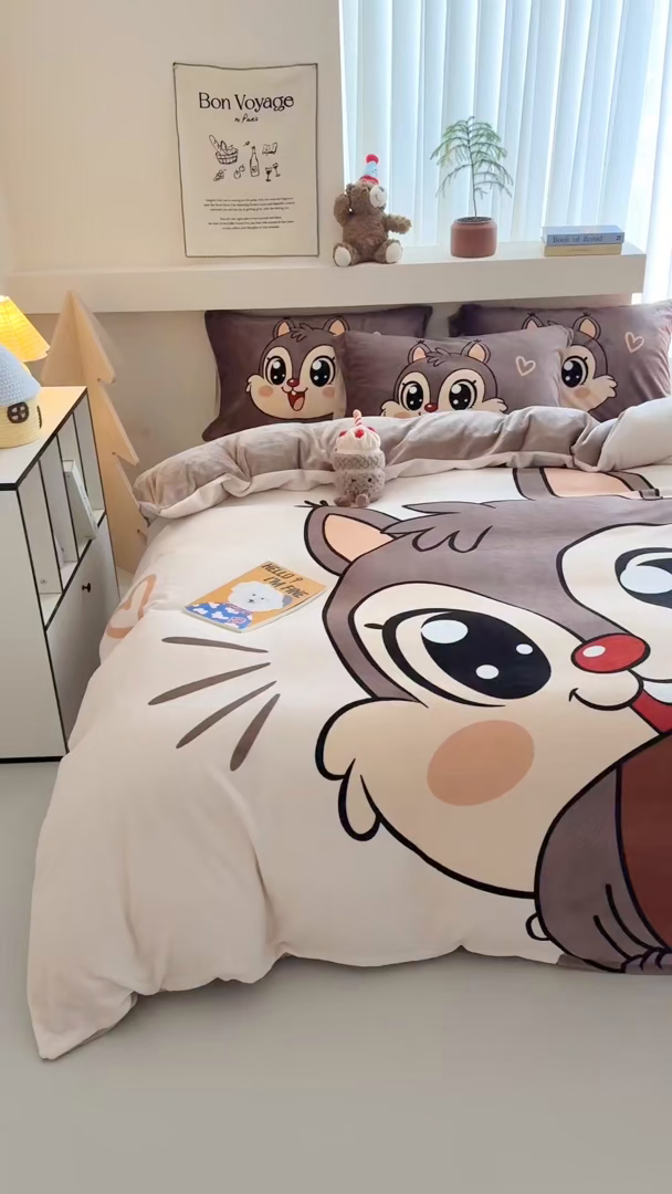 91家纺网 家纺一手货源 找家纺 慕晨 2025新款卡通可爱大版印花牛奶绒加厚保暖小清新四件套直播 可爱松鼠