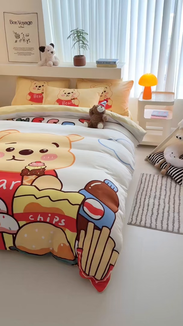 91家纺网 家纺一手货源 找家纺 慕晨 2025新款卡通可爱大版印花牛奶绒加厚保暖小清新四件套直播 熊熊零食