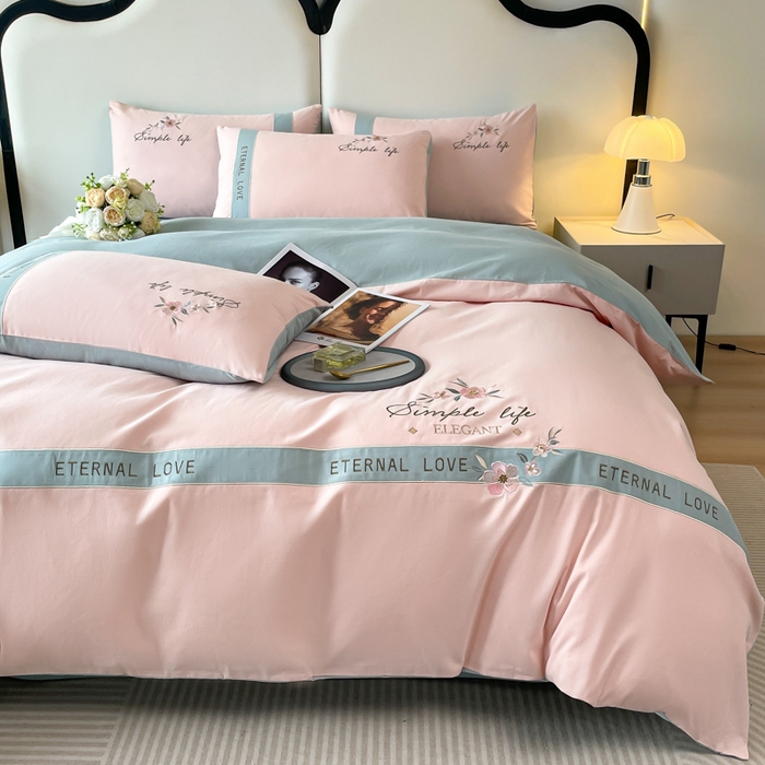 桃园 新款纯棉全棉长绒棉磨毛不掉毛刺绣四件套高端礼盒-斯嘉丽 斯嘉丽-轻奢粉