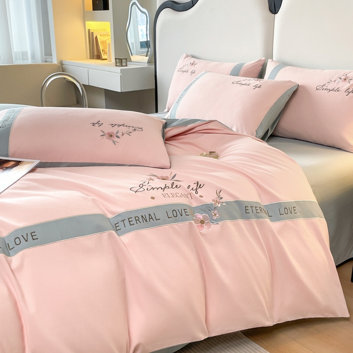 91家纺网 家纺一手货源 找家纺 桃园 新款纯棉全棉长绒棉磨毛不掉毛刺绣四件套高端礼盒-斯嘉丽 斯嘉丽-轻奢粉