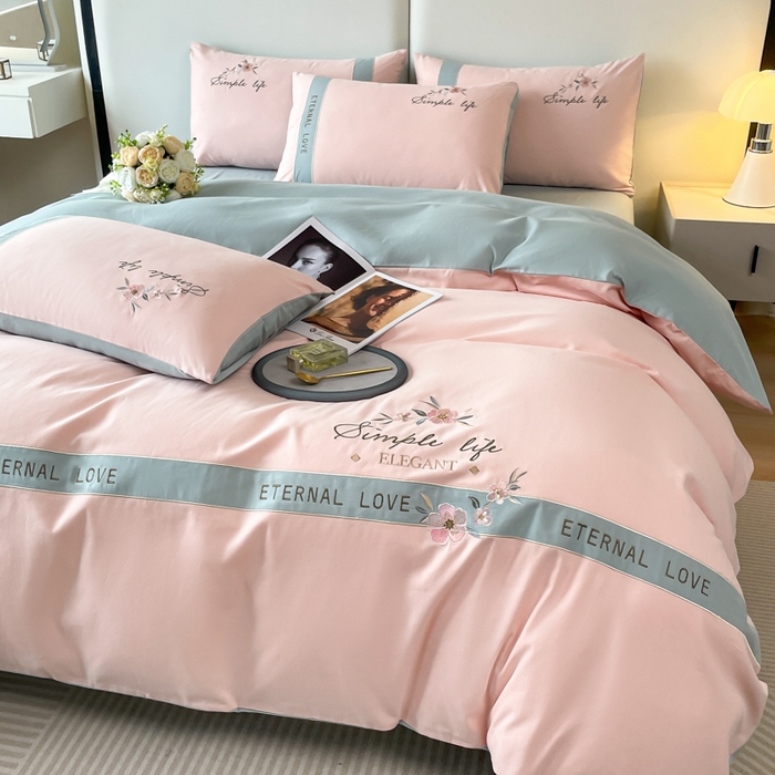 91家纺网 家纺一手货源 找家纺 桃园 新款纯棉全棉长绒棉磨毛不掉毛刺绣四件套高端礼盒-斯嘉丽 斯嘉丽-轻奢粉