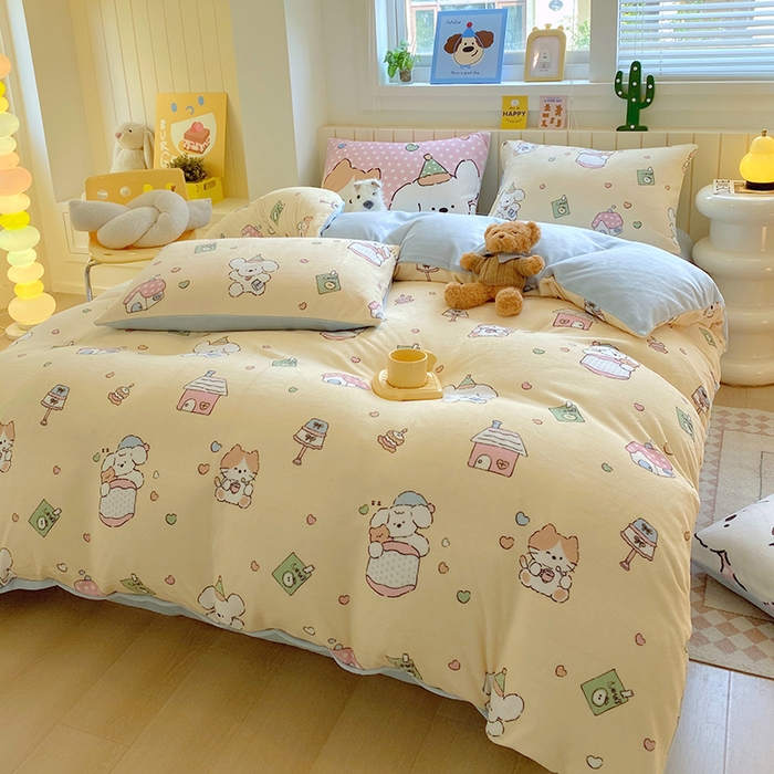 91家纺网 家纺一手货源 找家纺 （总）葡萄家 2025新款高克重印花牛奶绒四件套萌系卡通