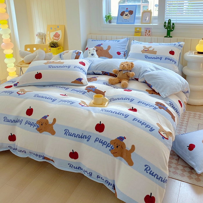 91家纺网 家纺一手货源 找家纺 （总）葡萄家 2025新款高克重印花牛奶绒四件套萌系卡通