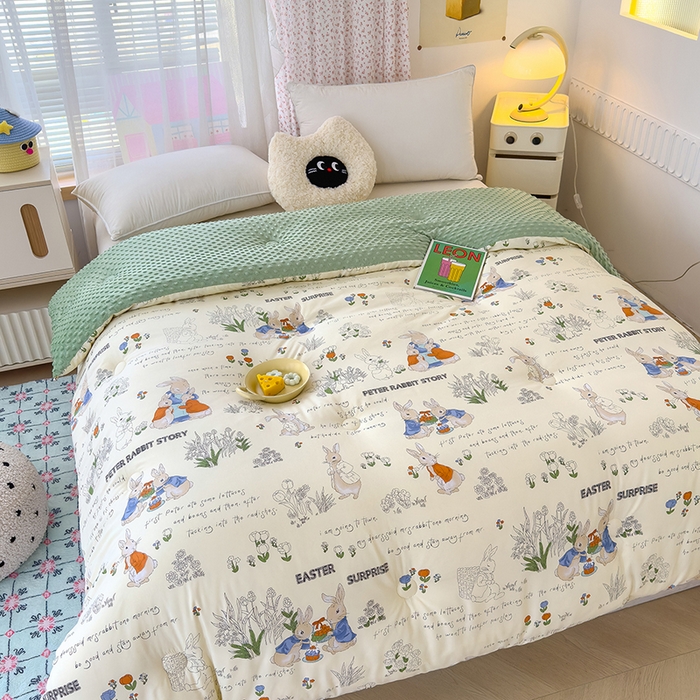 91家纺网 家纺一手货源 找家纺 乐沐 2025新款A类水洗棉双层纱豆豆绒被芯 小兔花园