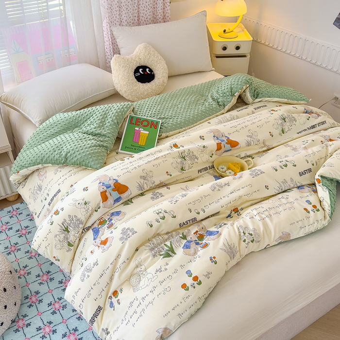 91家纺网 家纺一手货源 找家纺 乐沐 2025新款A类水洗棉双层纱豆豆绒被芯 小兔花园