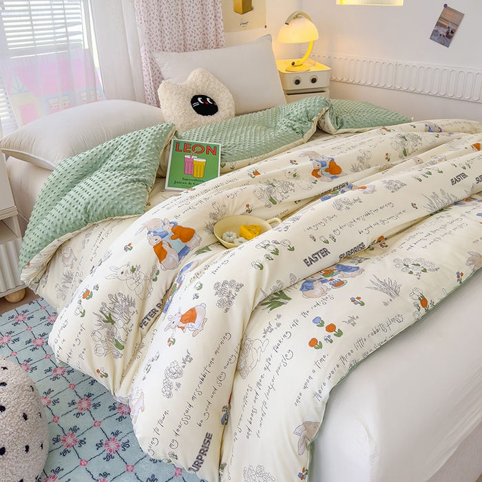 91家纺网 家纺一手货源 找家纺 乐沐 2025新款A类水洗棉双层纱豆豆绒被芯 小兔花园