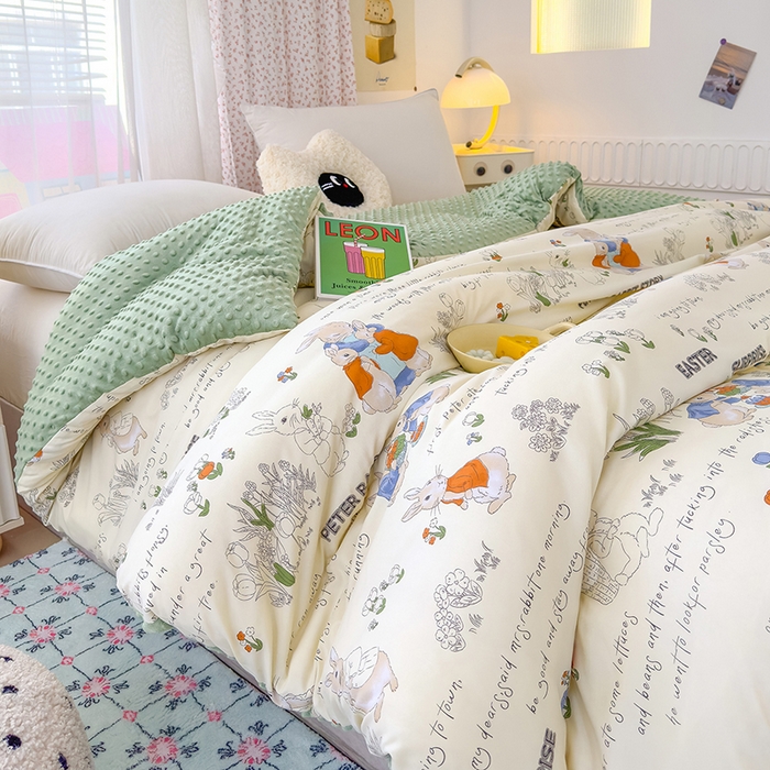 91家纺网 家纺一手货源 找家纺 乐沐 2025新款A类水洗棉双层纱豆豆绒被芯 小兔花园