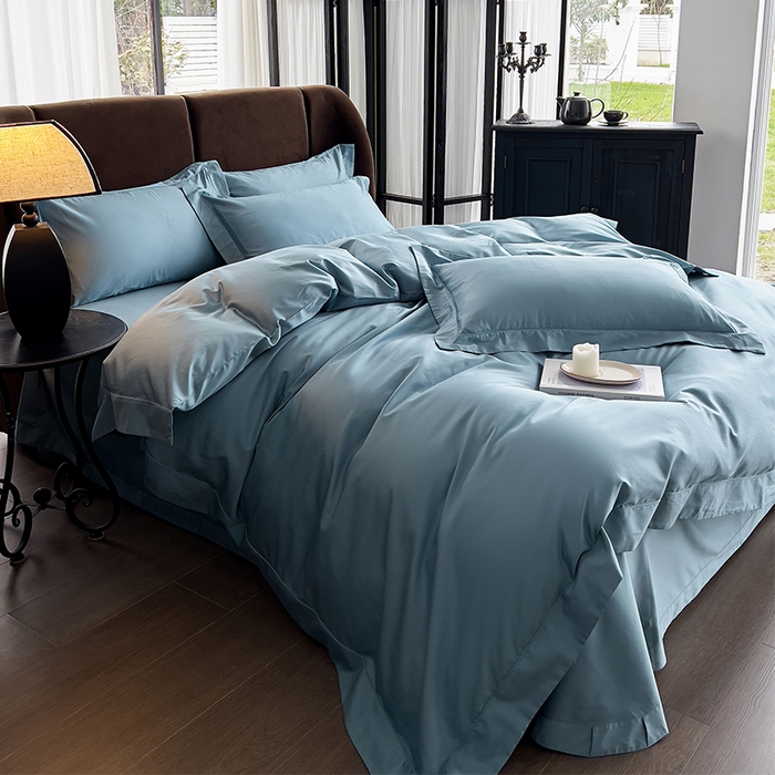 91家纺网 家纺一手货源 找家纺 栩裕纺织 2025新款长绒棉纯色四件套系列-邂逅 月光蓝