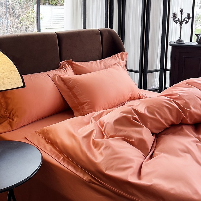 91家纺网 家纺一手货源 找家纺 栩裕纺织 2025新款长绒棉纯色四件套系列-邂逅 燃橙色