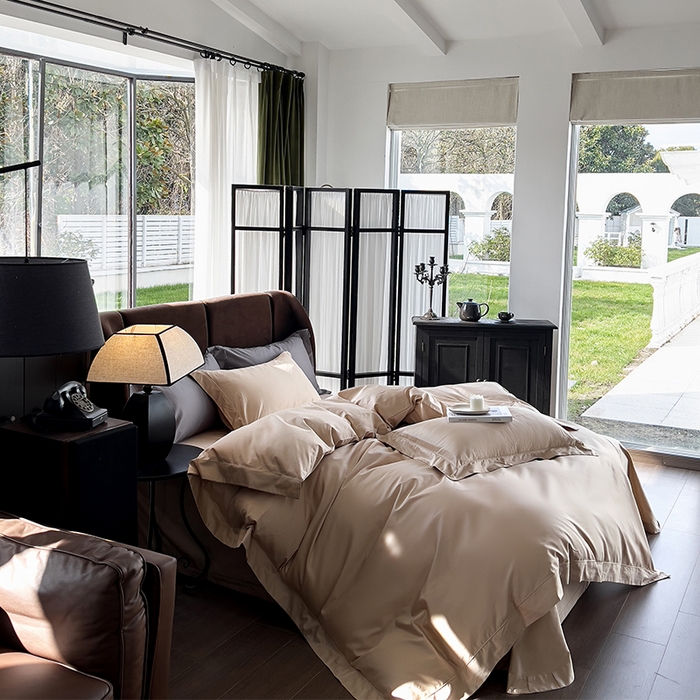 91家纺网 家纺一手货源 找家纺 栩裕纺织 2025新款长绒棉纯色四件套系列-邂逅 香槟色