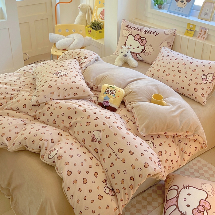 91家纺网 家纺一手货源 找家纺 葡萄家 2025新款高克重印花牛奶绒四件套萌系卡通 豹纹猫