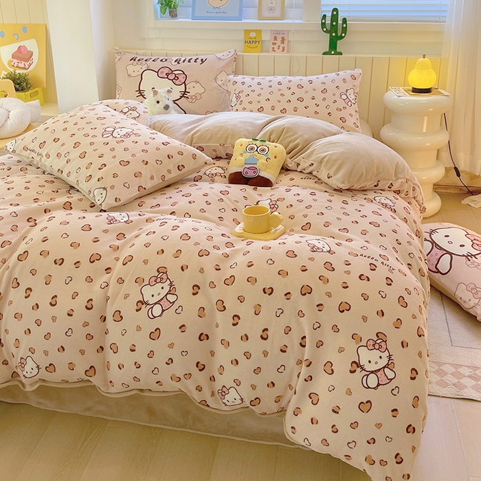 91家纺网 家纺一手货源 找家纺 葡萄家 2025新款高克重印花牛奶绒四件套萌系卡通 豹纹猫