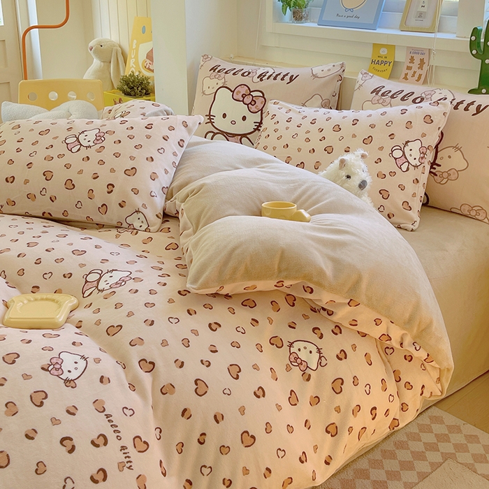 91家纺网 家纺一手货源 找家纺 葡萄家 2025新款高克重印花牛奶绒四件套萌系卡通 豹纹猫