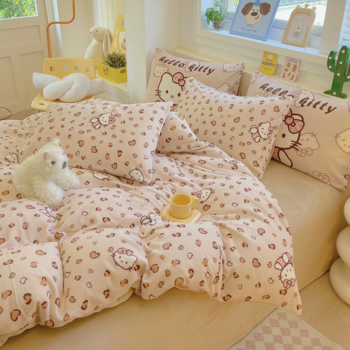 91家纺网 家纺一手货源 找家纺 葡萄家 2025新款高克重印花牛奶绒四件套萌系卡通 豹纹猫